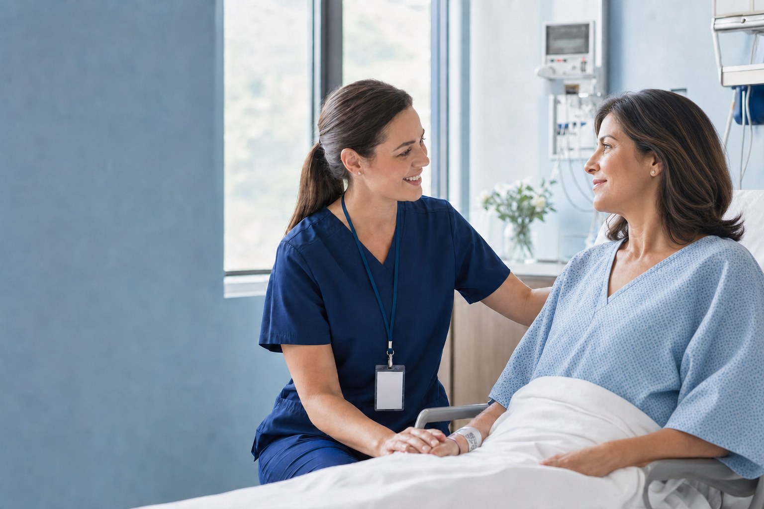 A nurse sitting beside a patient, holding her hand and smiling before surgery